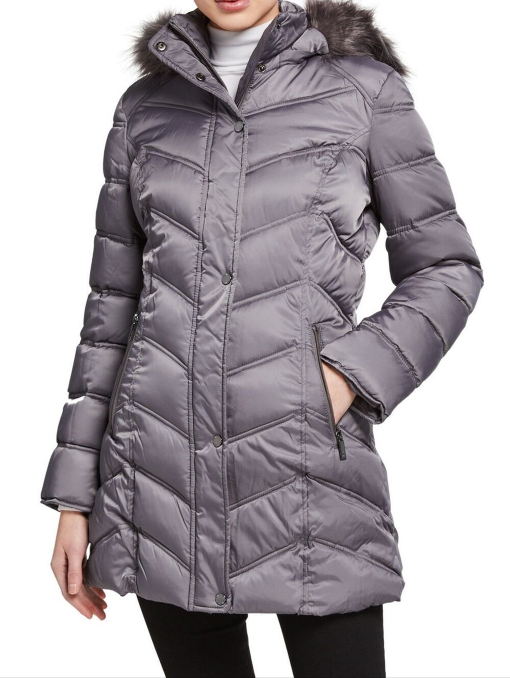 Kennth Cole New York Cevron Quilted Puffer Coat Faux Fur Hood Metallic Taupe